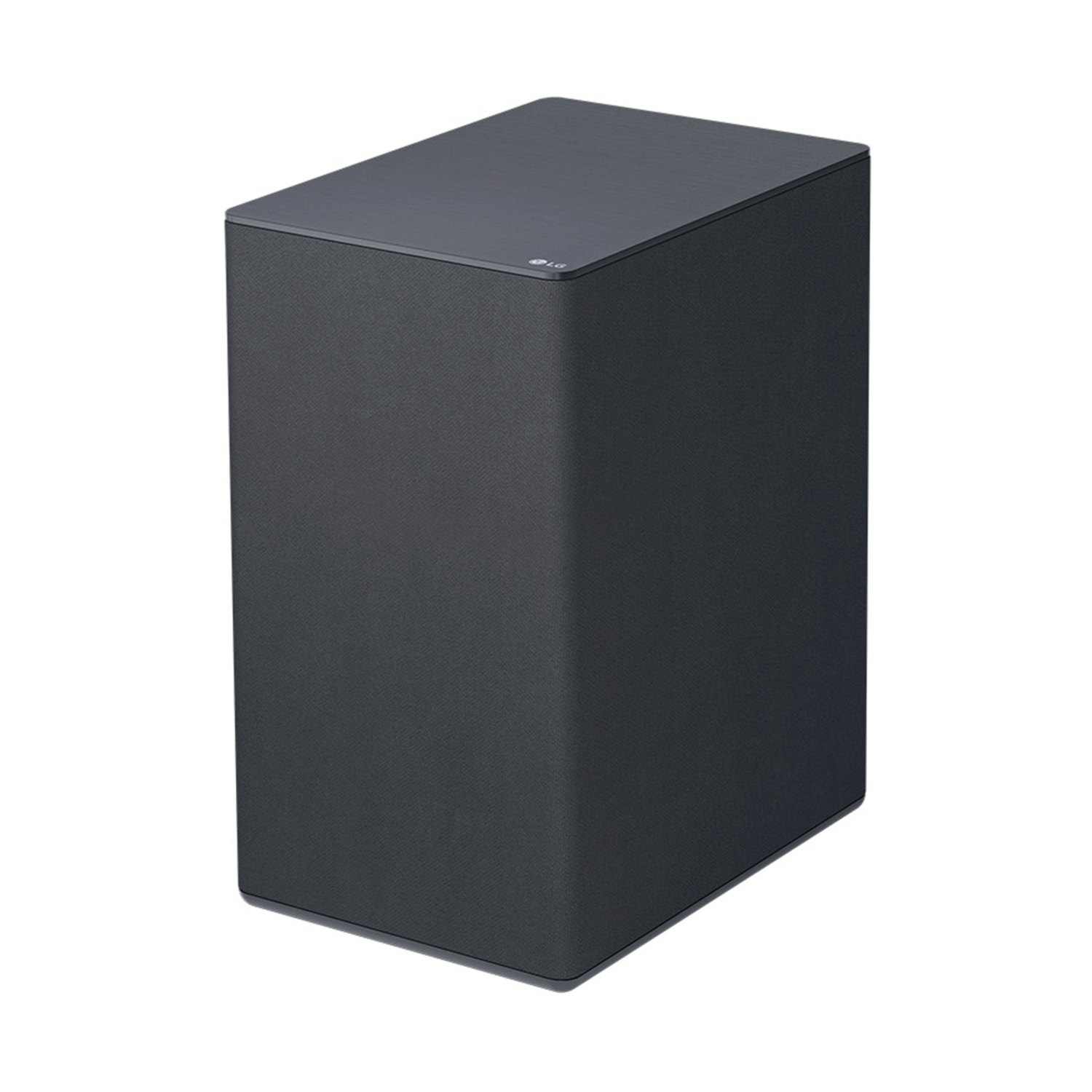 Un subwoofer rettangolare grigio scuro. La parte superiore è liscia, i lati strutturati. Visibile piccolo logo LG.