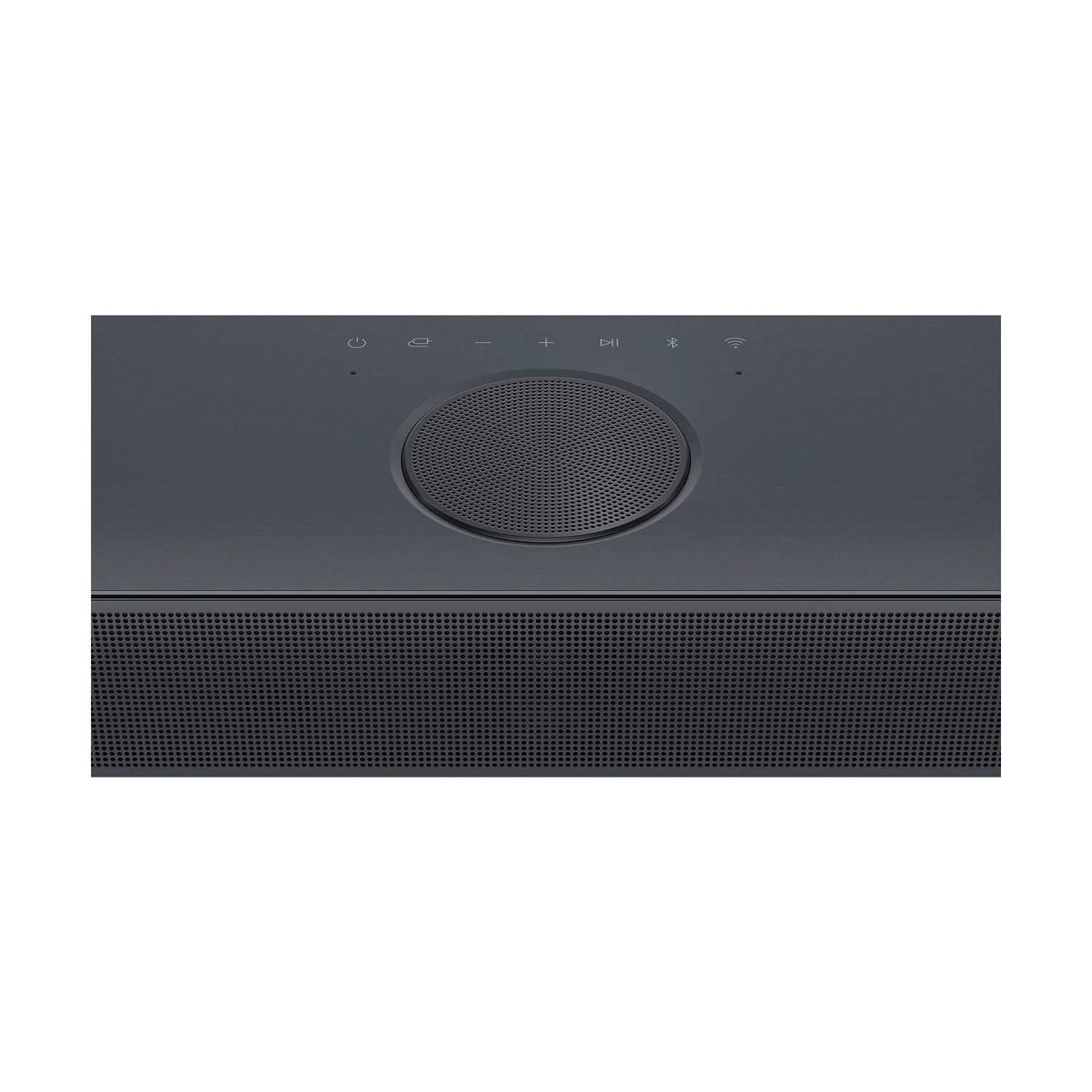 Una soundbar grigio scuro. Ha un altoparlante al centro, una fila di pulsanti in alto e una griglia per altoparlanti perforata in basso.