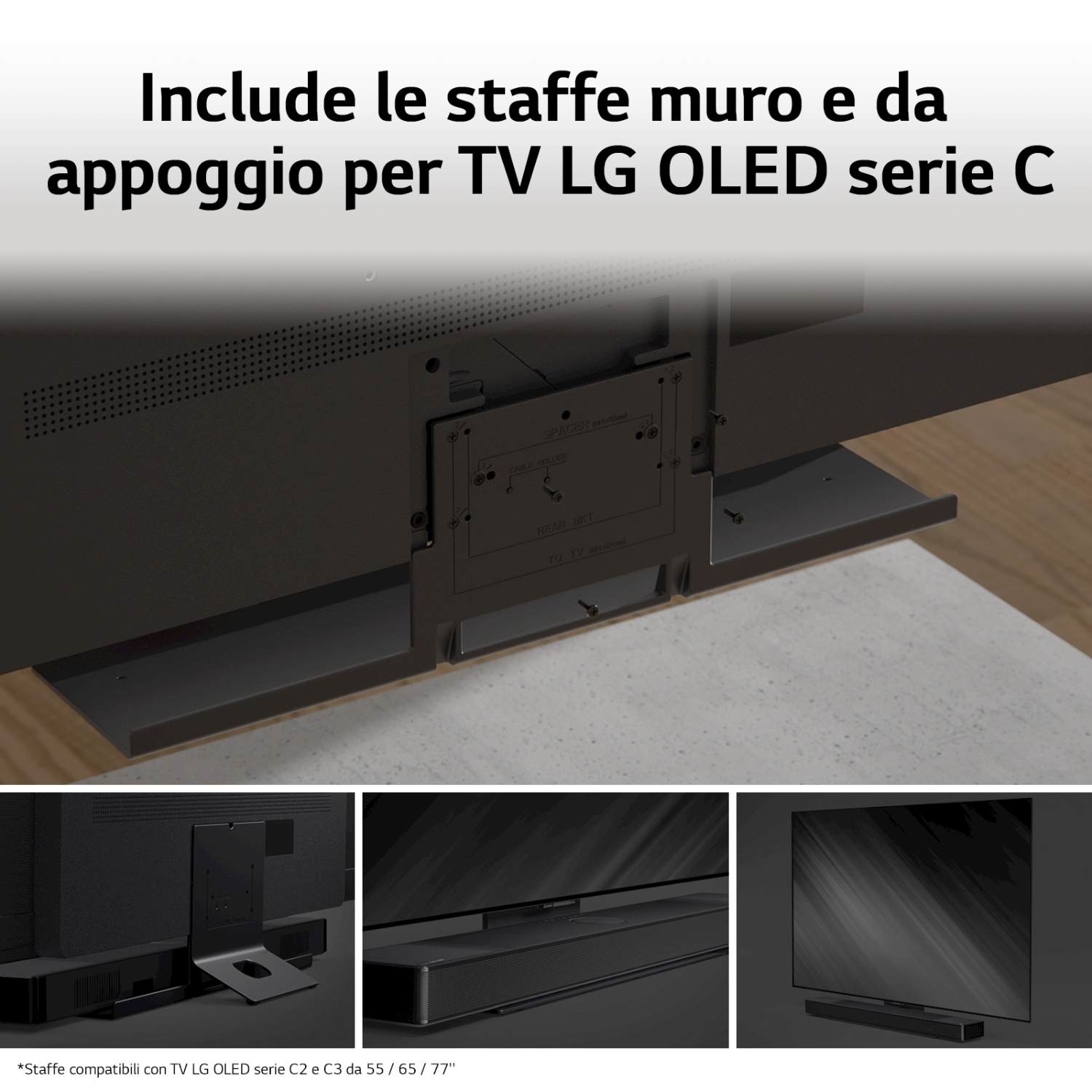 Primo piano del retro di un televisore con staffa di montaggio. Sotto, tre immagini più piccole di TV con supporti e soundbar.