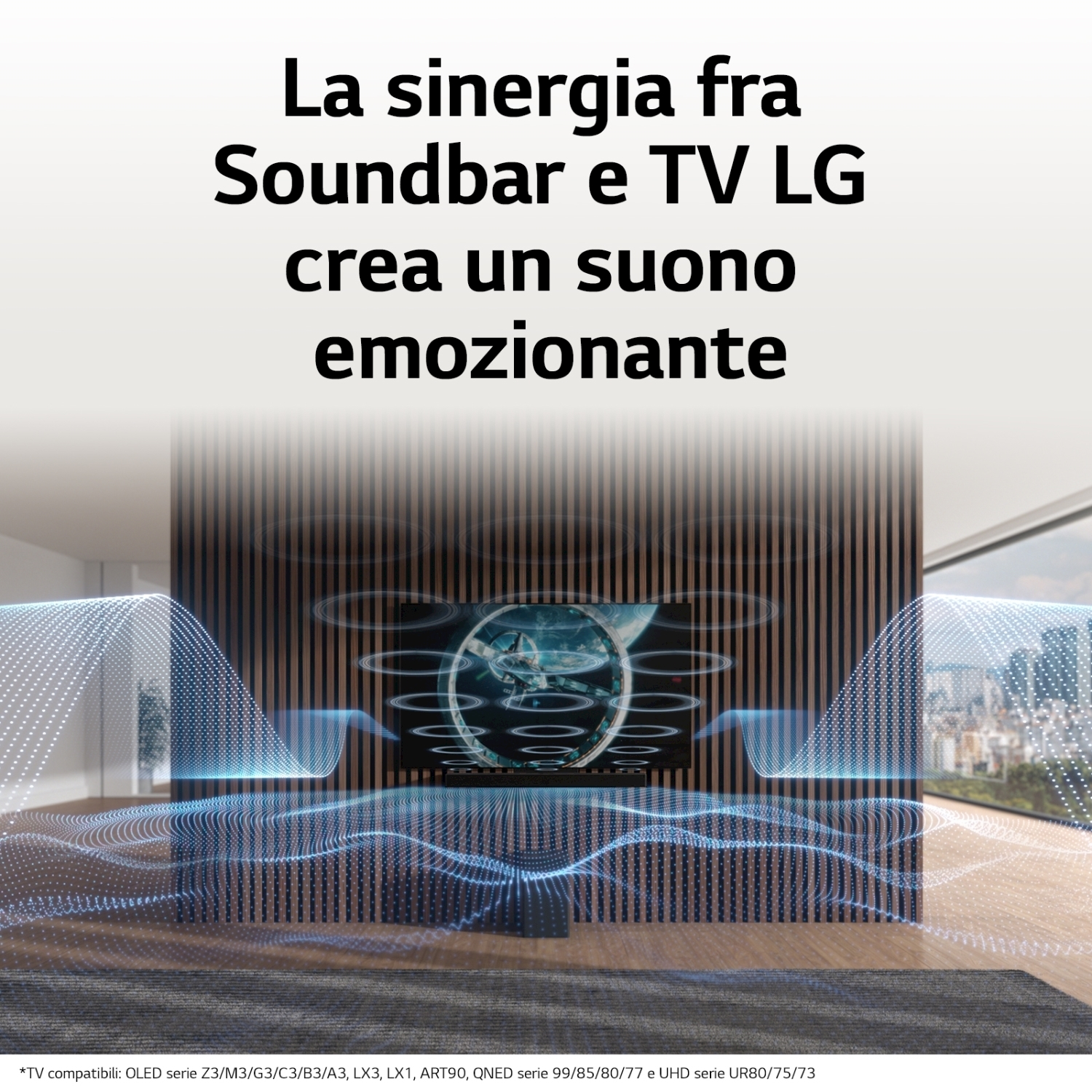 Un TV LG e una soundbar sono visualizzati con onde sonore. Il testo recita: 'La sinergia tra Soundbar e TV LG crea un suono emozionale'.
