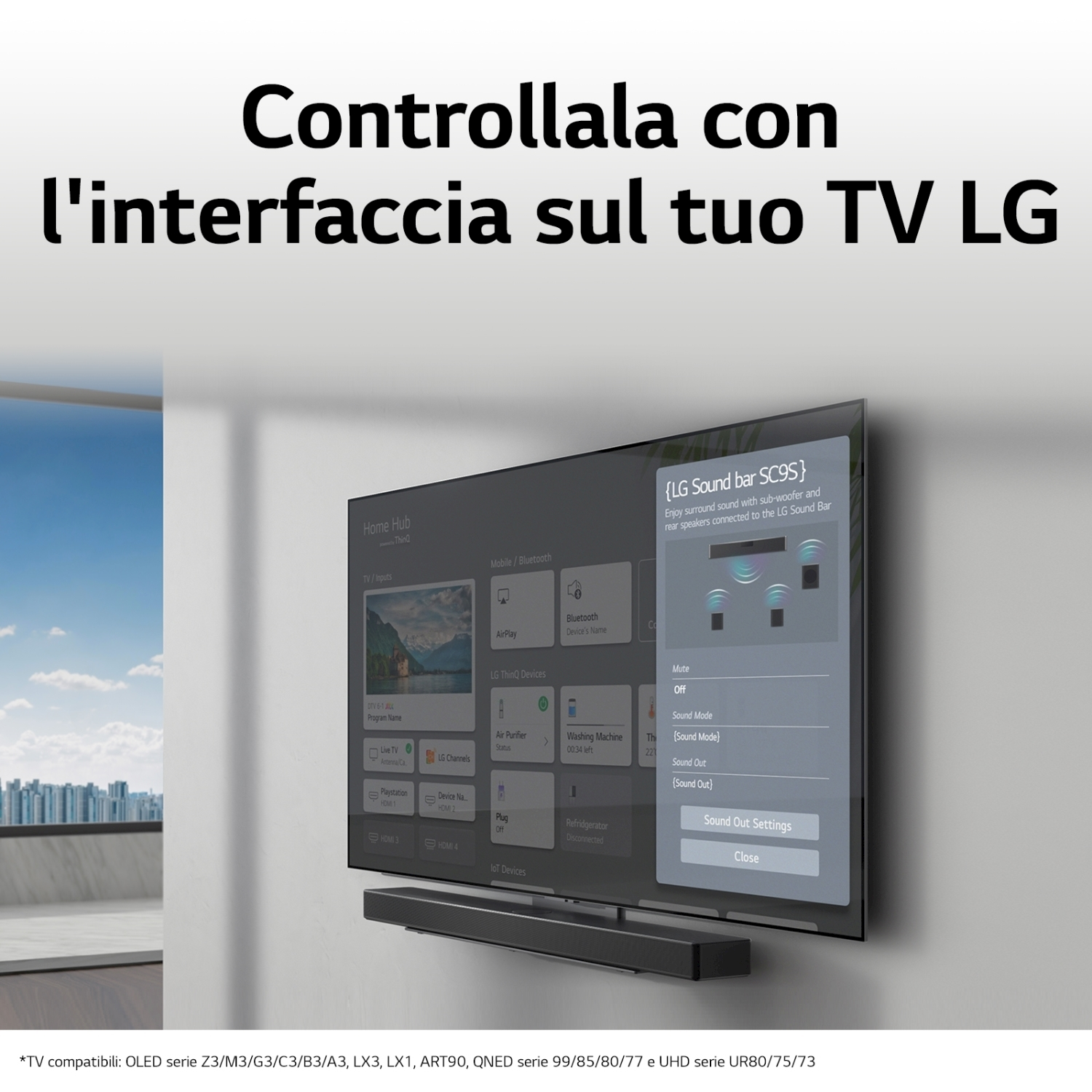TV LG con interfaccia che mostra le impostazioni audio e soundbar. Testo: 'Controllala con l'interfaccia sul tuo TV LG'.