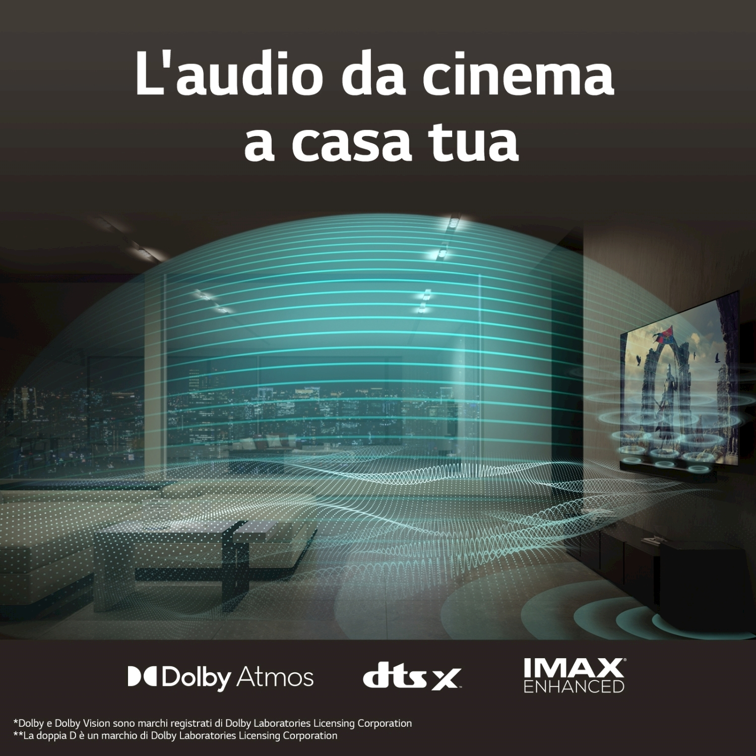 Un impianto home theater con schermo grande, visualizzazione onde sonore e loghi Dolby Atmos, DTS:X e IMAX.