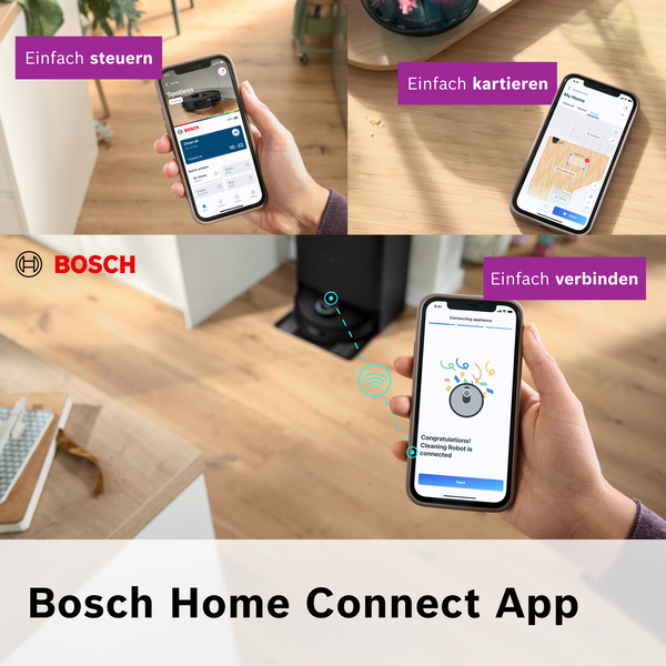Das Bild zeigt die Funktionen der Bosch Home Connect App: Steuerung, Kartierung und Verbindung. Ein Roboter-Staubsauger ist mit verbindenden Telefonanzeigen ausgestattet.