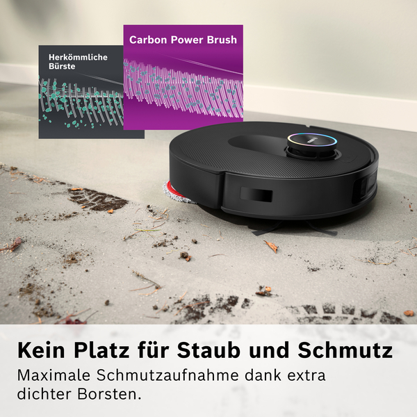 Ein schwarzer Roboter-Staubsauger auf einem schmutzigen Boden. Text zeigt 'Kein Platz für Staub und Schmutz' und 'Carbon Power Brush'.