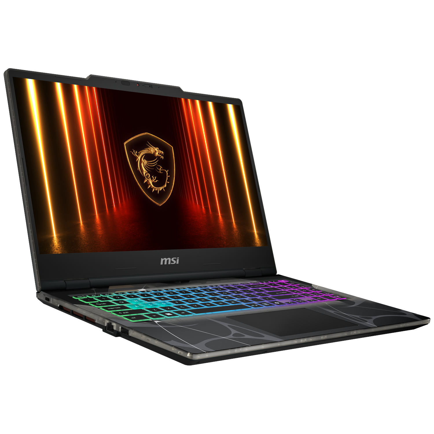 An MSI laptop is displayed. The screen shows a dragon logo and colorful lights. The keyboard is illuminated with various colors.