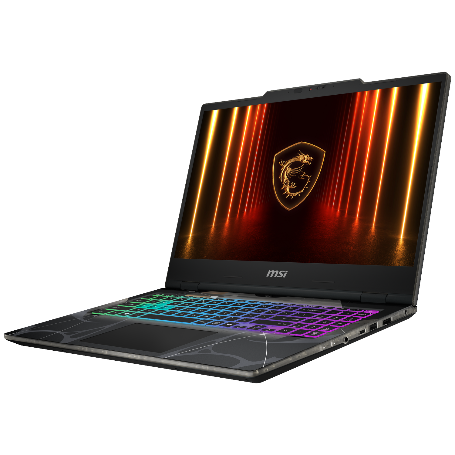 A black MSI laptop is displayed, the screen showing a dragon logo. The keyboard has colorful lights. The background is white.