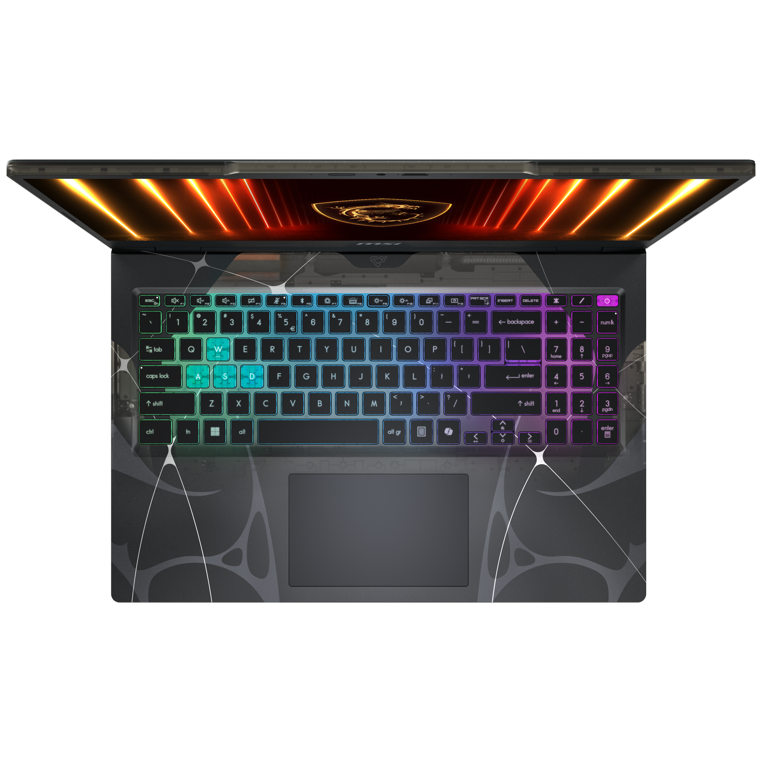 A laptop with a backlit keyboard is open. The screen displays a logo and orange and yellow lights. The keyboard has colorful keys.