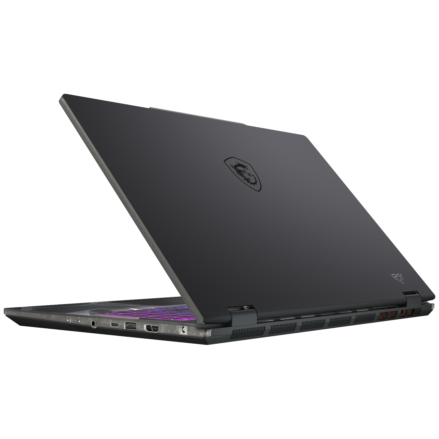A black laptop with the lid slightly open, displaying the keyboard and ports. The MSI logo is visible on the lid.