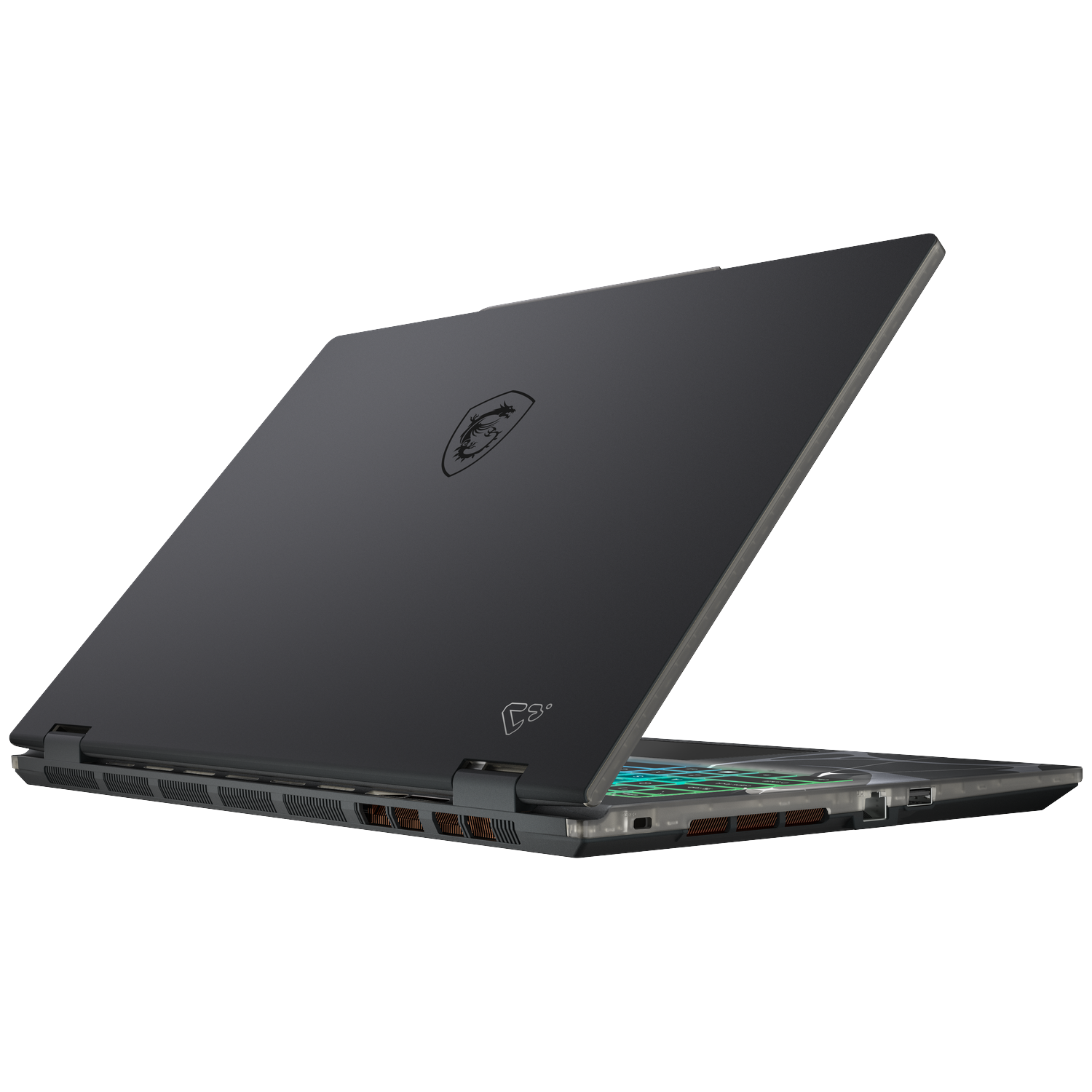 A dark gray laptop is slightly open, showing the screen and underside. The MSI logo is visible on the lid.