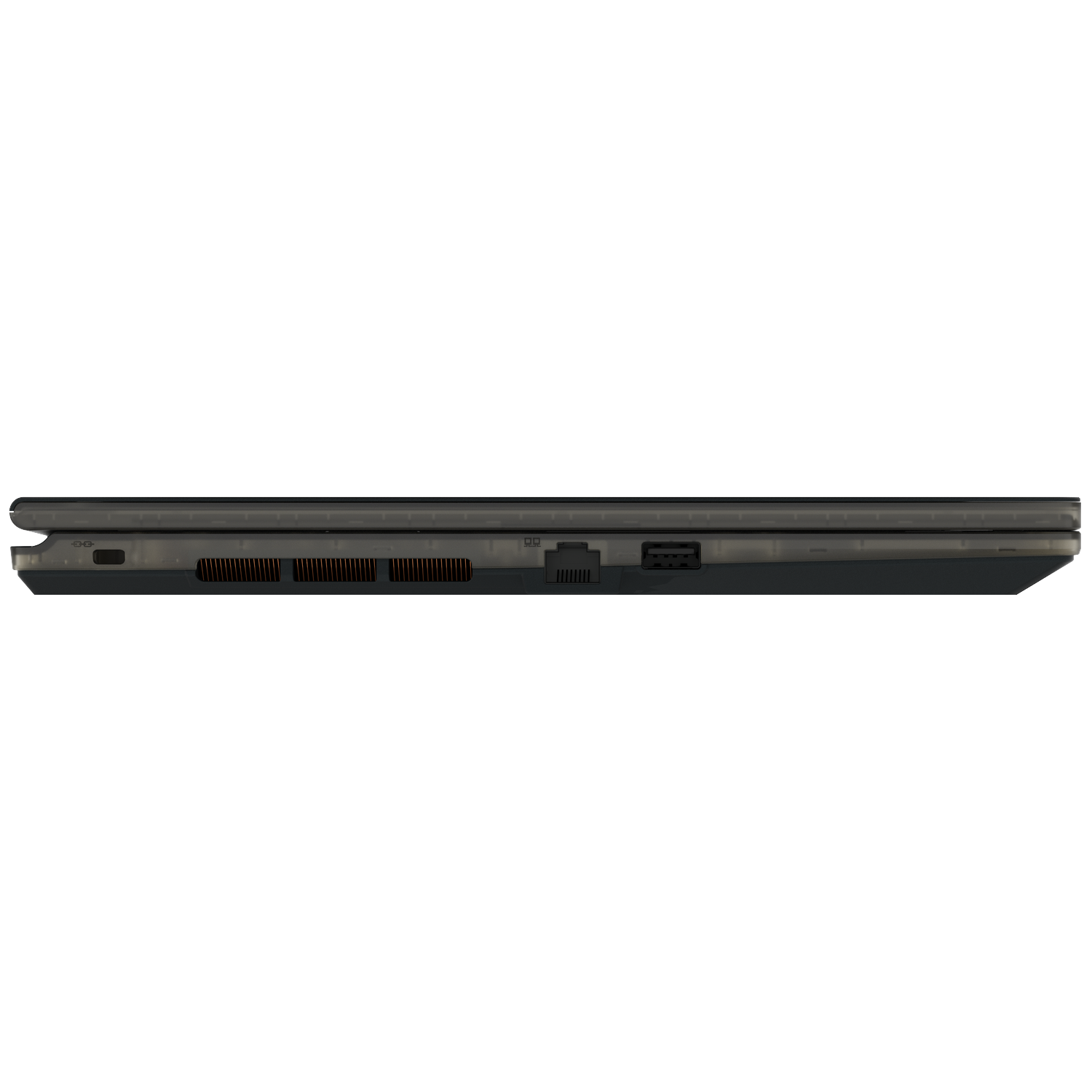 A dark gray laptop side view, showing ports and ventilation grilles. The laptop is closed.