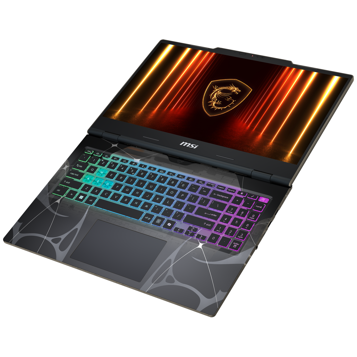 An open MSI laptop displays a colorful keyboard and a screen with a dragon logo. The laptop is on a white background.