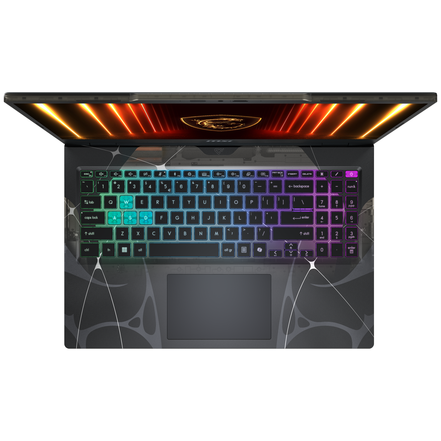 An overhead shot of a laptop with illuminated keyboard. The screen displays an orange and red gradient. The laptop is black.