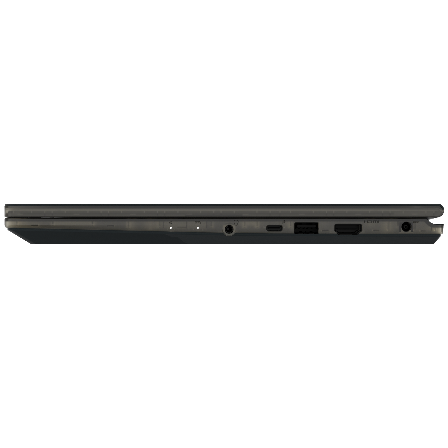 Side view of a dark gray laptop. Visible ports include audio jack, USB-C, USB, HDMI, and power input. The laptop is partially open.