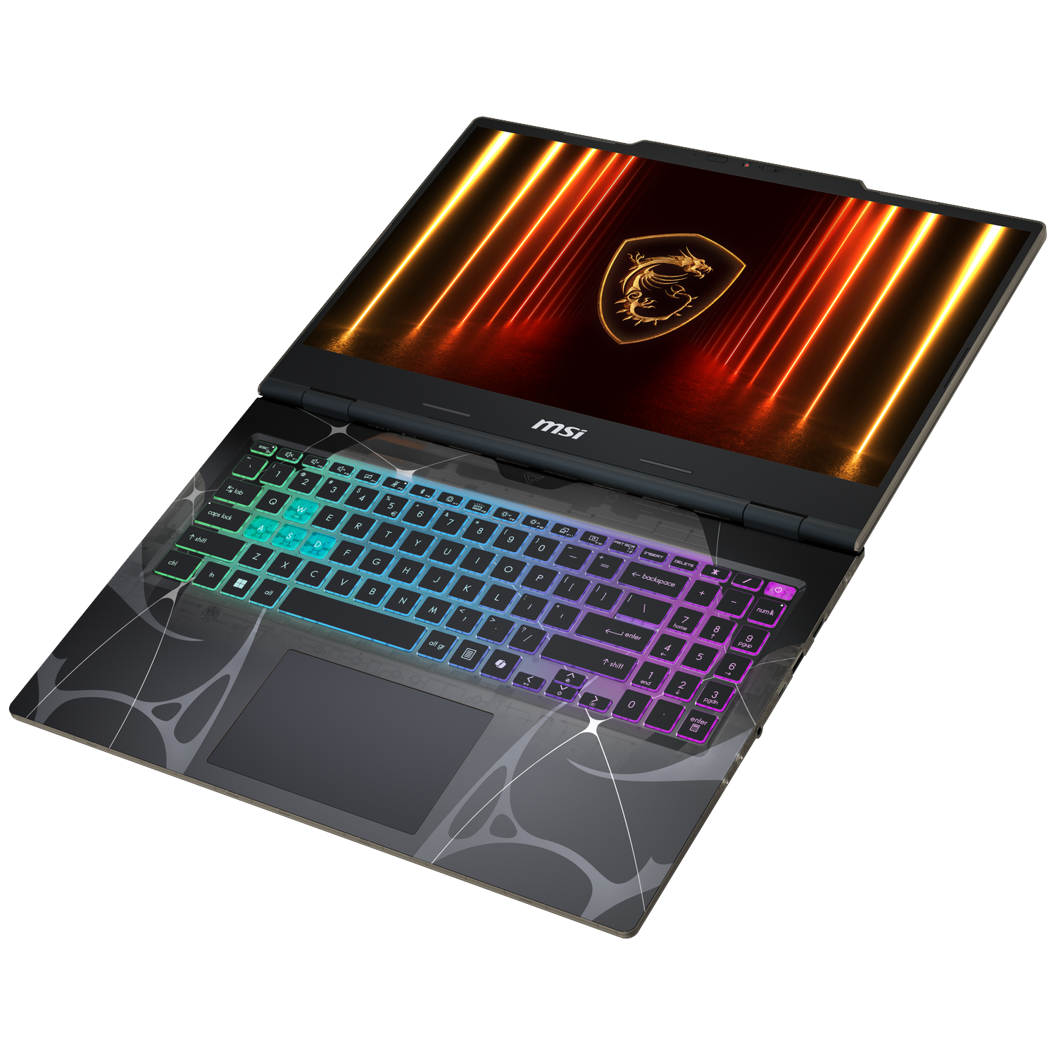 A laptop with a glowing keyboard is open. The screen shows an MSI logo and orange lights. The keyboard has colorful keys.