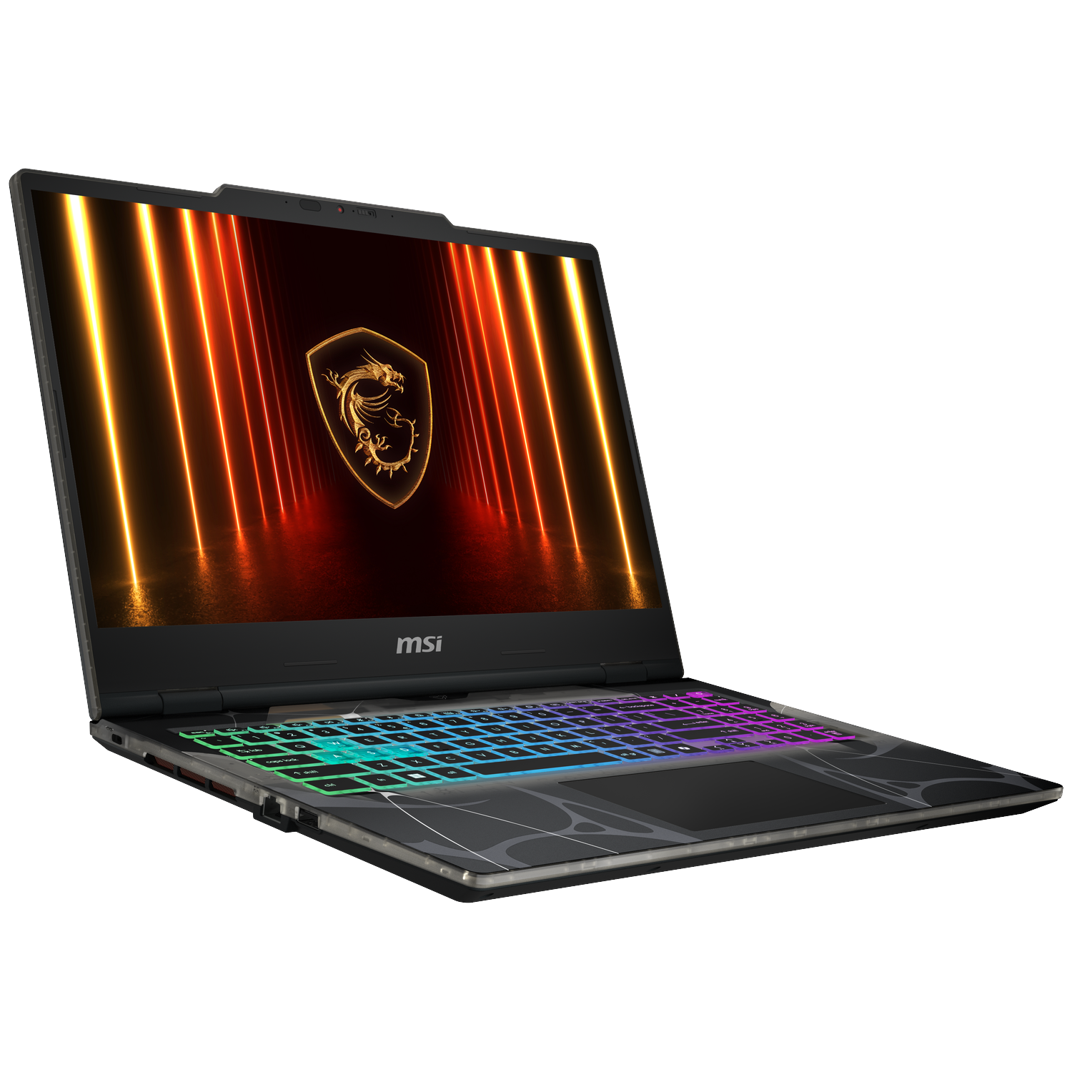 MSI laptop open, showing a glowing dragon logo on screen. Keyboard lit with multiple colors. Black laptop with a white background.
