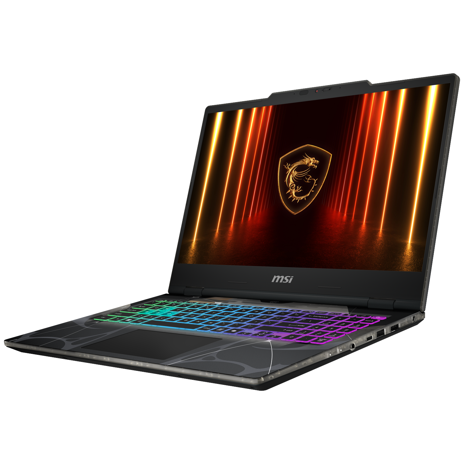 A black MSI laptop is displayed at an angle. The screen shows a dragon logo with orange and yellow light effects.