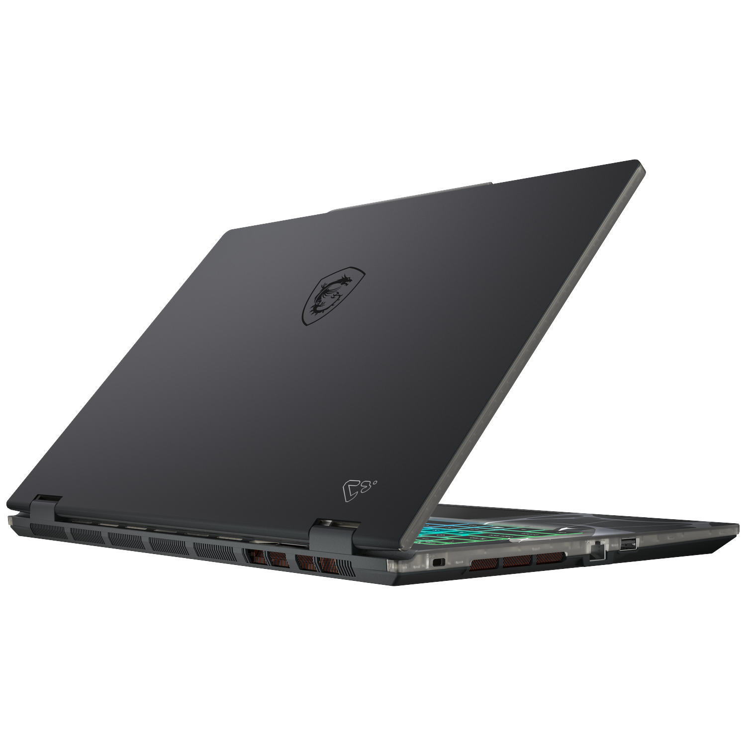 A dark grey laptop, slightly open, angled view. The MSI logo is visible on the lid. The laptop's base shows ports and vents.