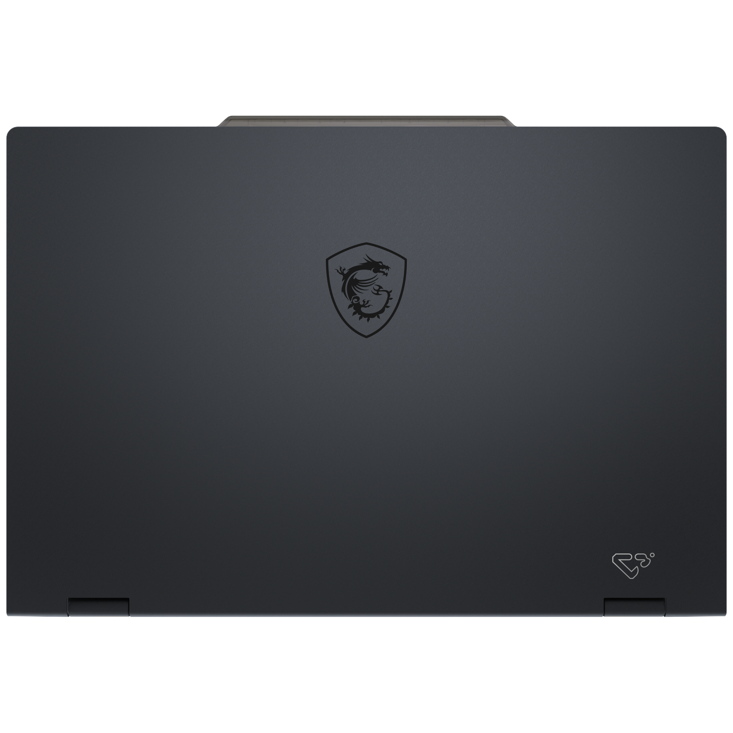 Black laptop with a dragon logo in the center. The back has a matte finish. A small logo is at the bottom right.
