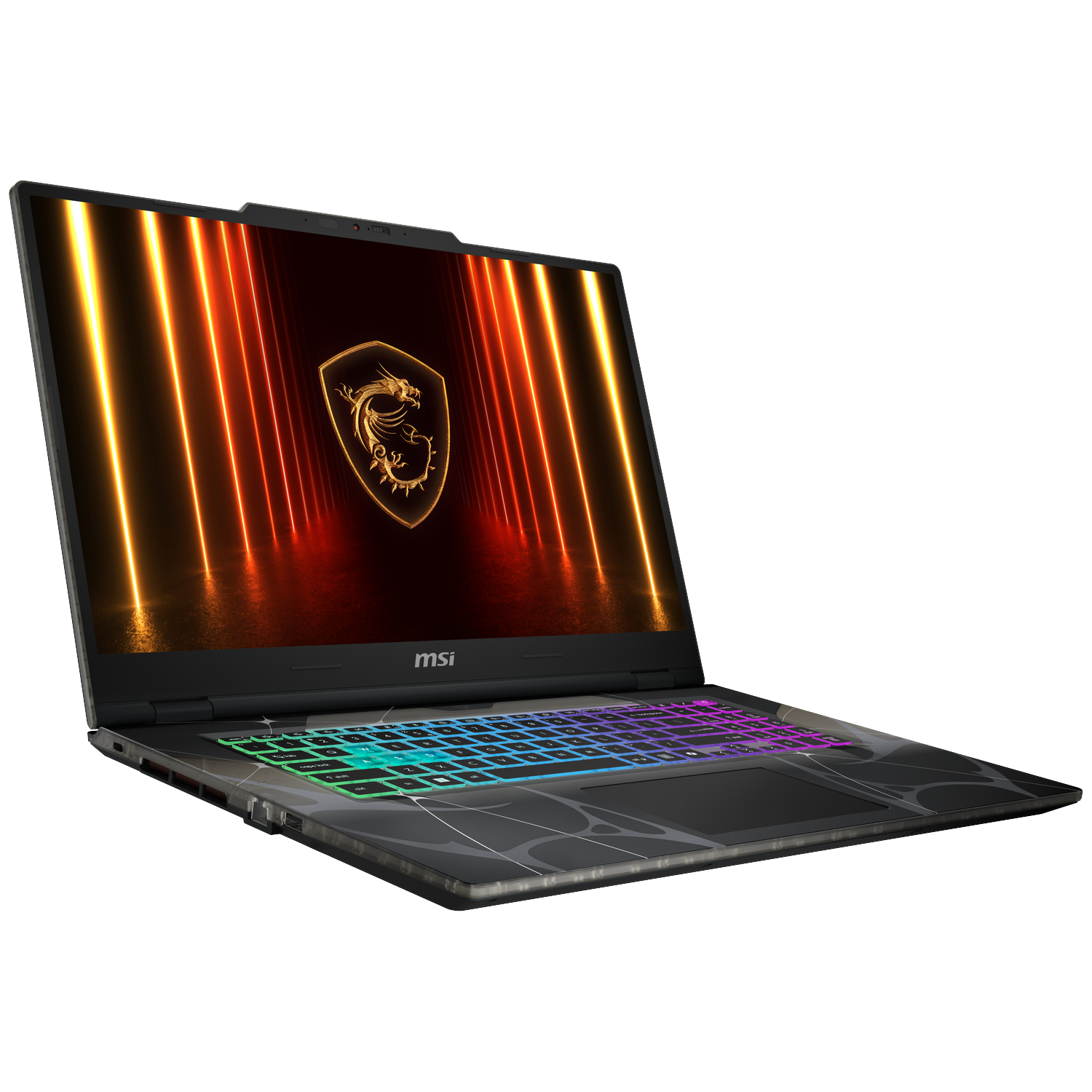 MSI laptop. Black, open, showing illuminated keyboard and screen with dragon logo. White background.
