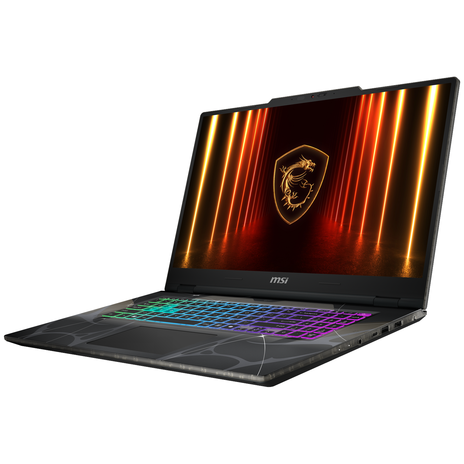 A black MSI laptop is open, showing a glowing screen with a dragon logo. The keyboard has colorful lights.