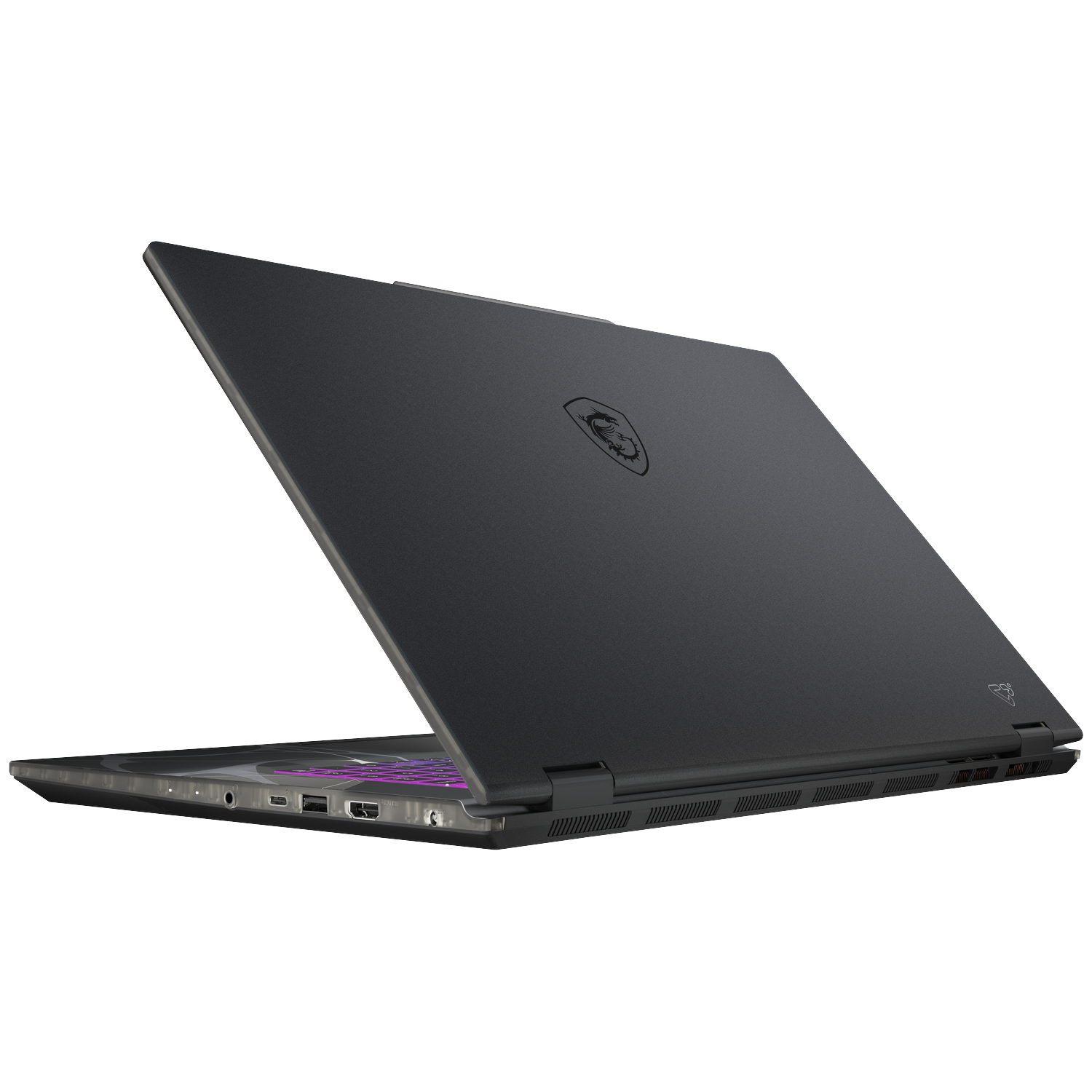 Black laptop, open, from an angle. The MSI logo is visible. The keyboard has purple backlighting. The background is white.
