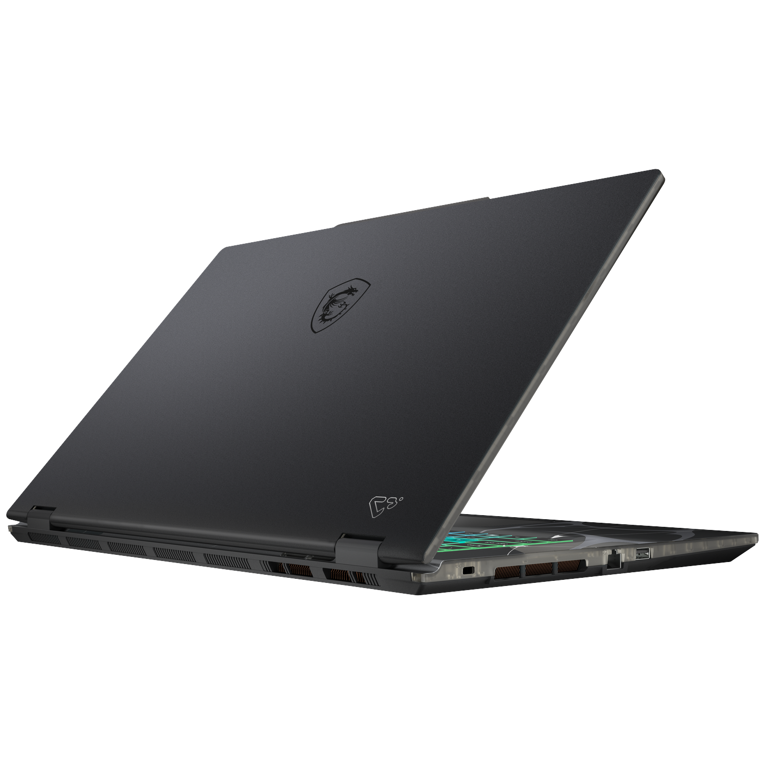 A black laptop is slightly open, showing its keyboard and screen. The MSI logo is visible on the lid.