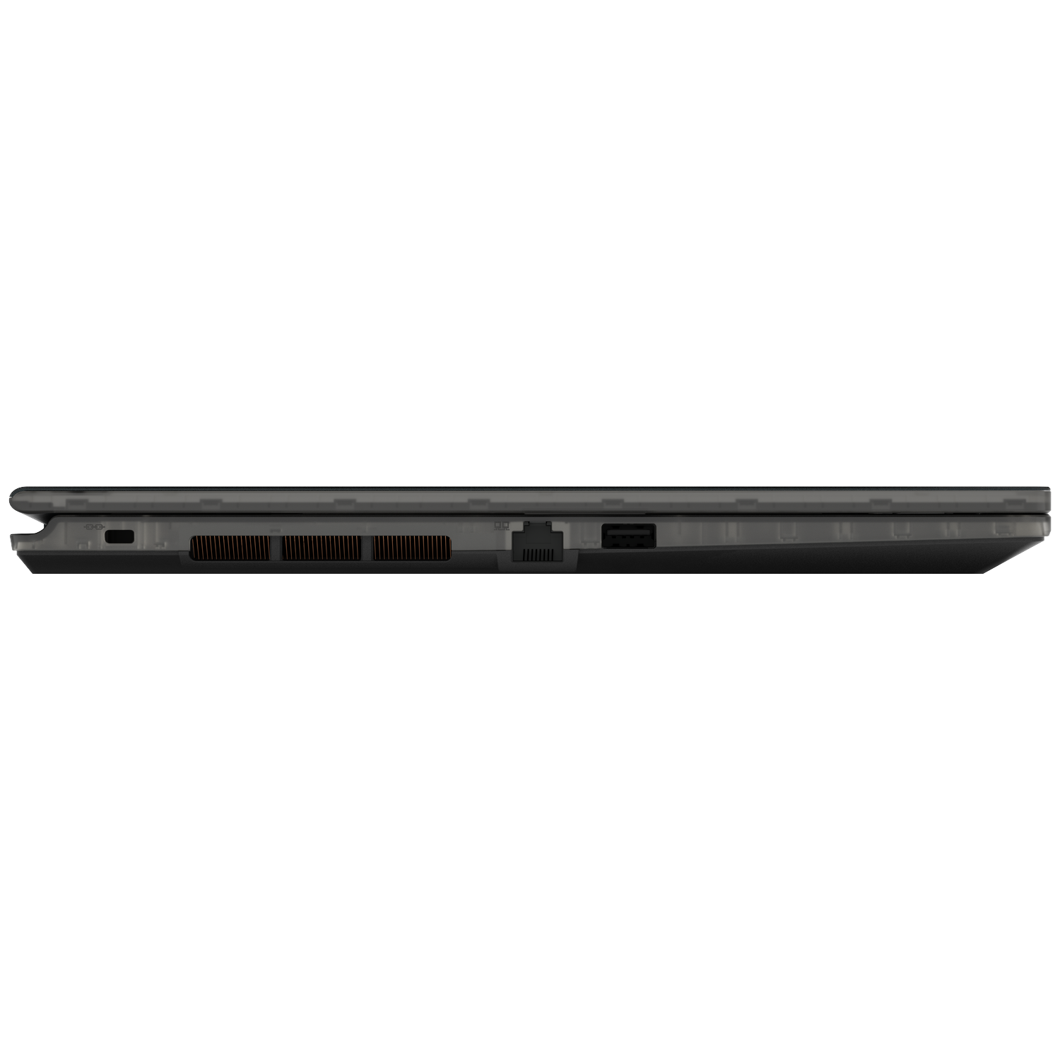 A side view of a dark gray laptop. Visible are ports, vents, and the edge of the screen. The background is plain white.