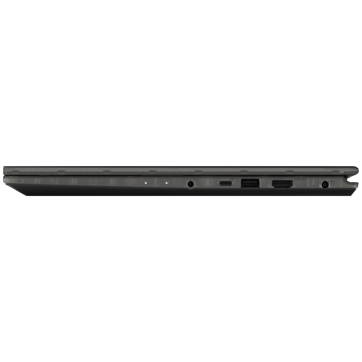Side view of a dark gray laptop. Ports include USB-C, HDMI, and audio jack. Power and battery indicators are visible.