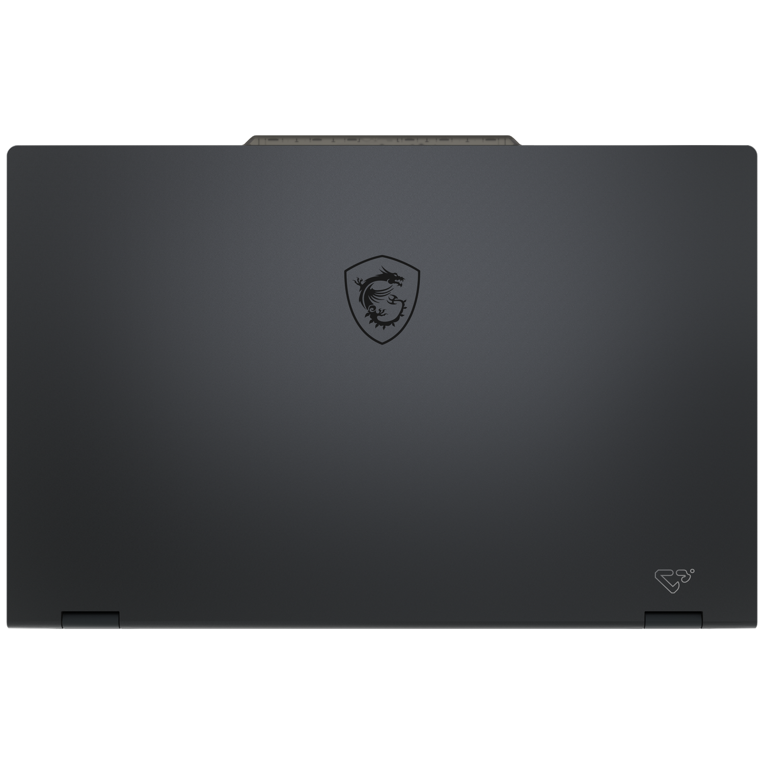 Top view of a closed dark gray laptop. It has a dragon logo in the center and a design in the bottom right corner.
