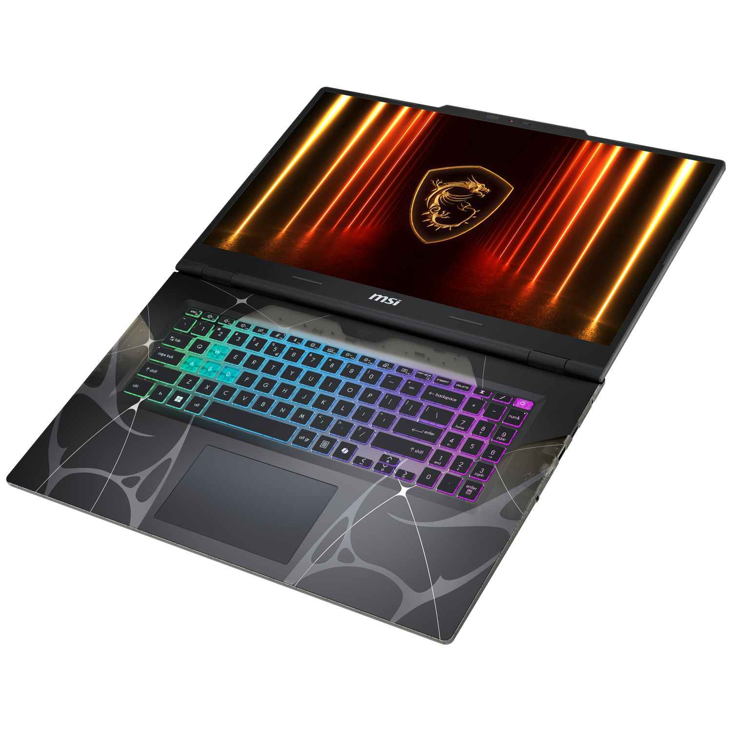 An open MSI laptop on a white background. The screen displays a dragon logo and neon lines. The keyboard has rainbow-colored keys.