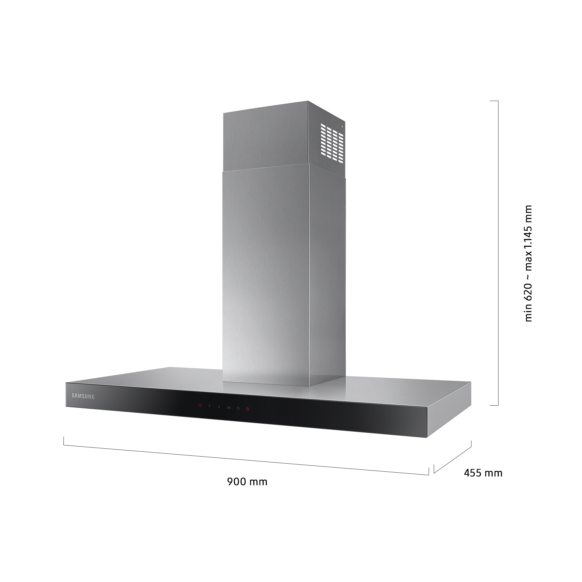 Una campana extractora Samsung de acero inoxidable, con dimensiones etiquetadas. Tiene un panel de control negro.
