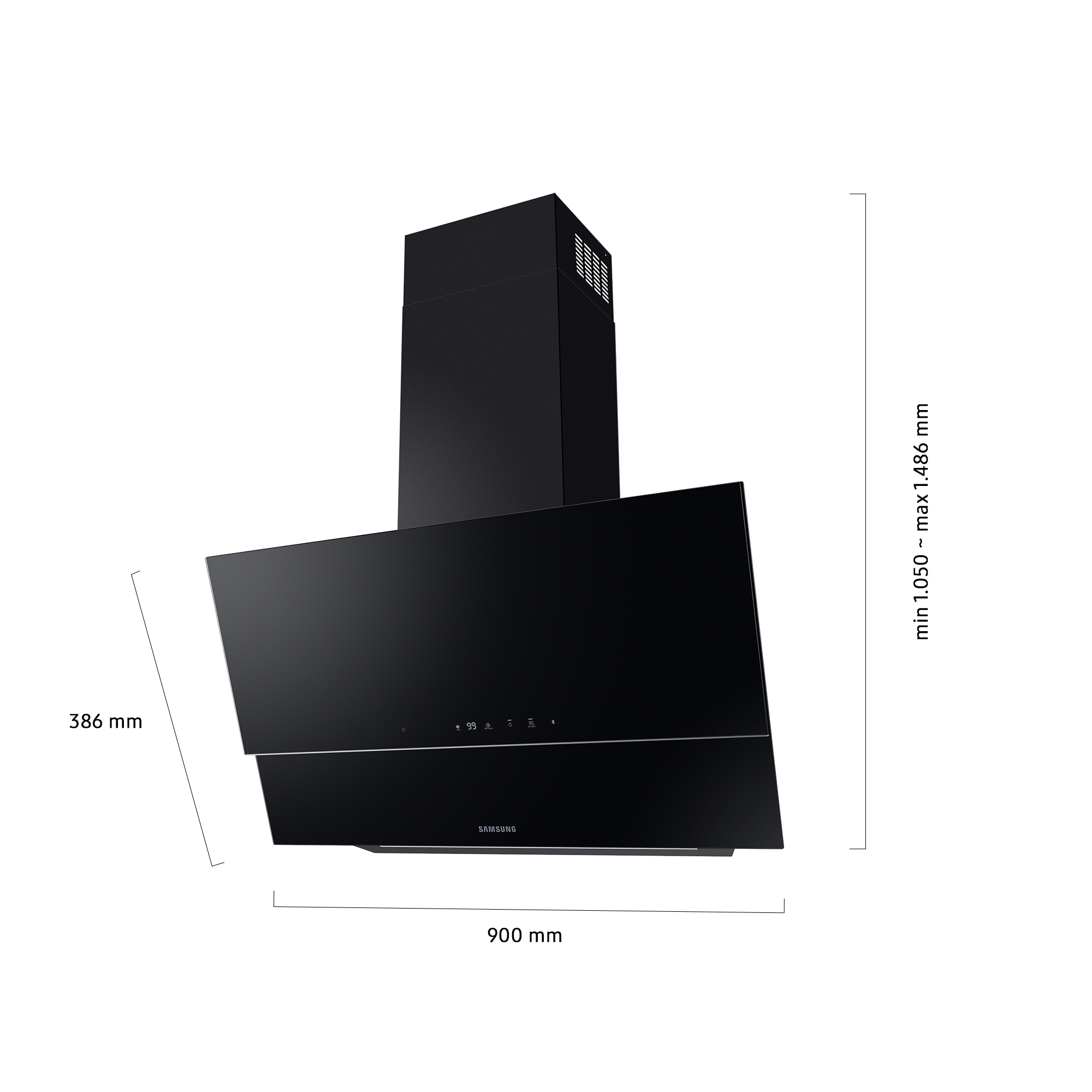 Campana extractora Samsung negra. Tiene un diseño rectangular con dimensiones etiquetadas. La campana está sobre un fondo blanco.