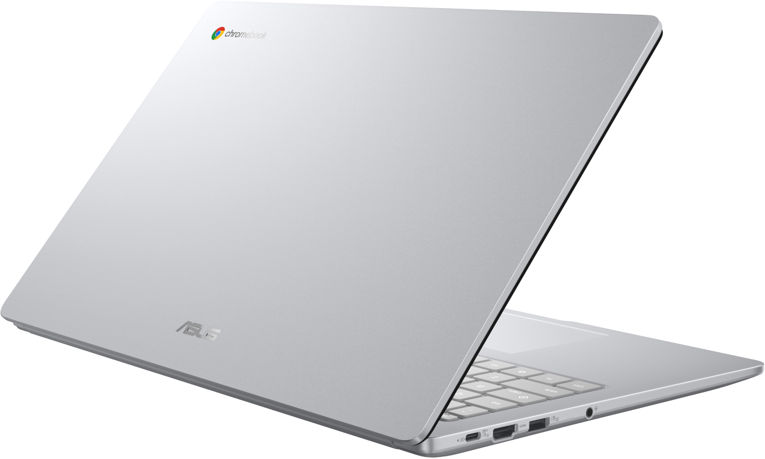 Portátil Chromebook plateado, parcialmente abierto. El logotipo de Asus es visible. El logotipo de Chromebook está en la esquina.