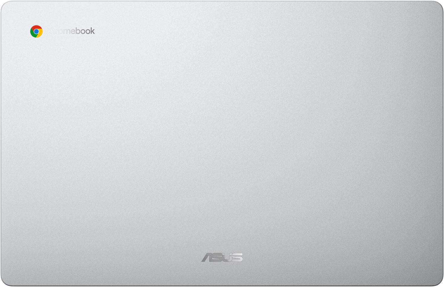 Un portátil Chromebook plateado con el logotipo de Chromebook en la esquina superior izquierda y el logotipo de ASUS abajo.