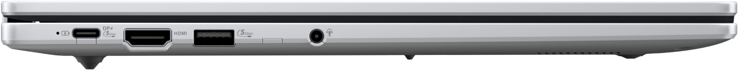 Vista lateral de portátil. Contiene puertos USB-C, HDMI y audio. El portátil es plateado.