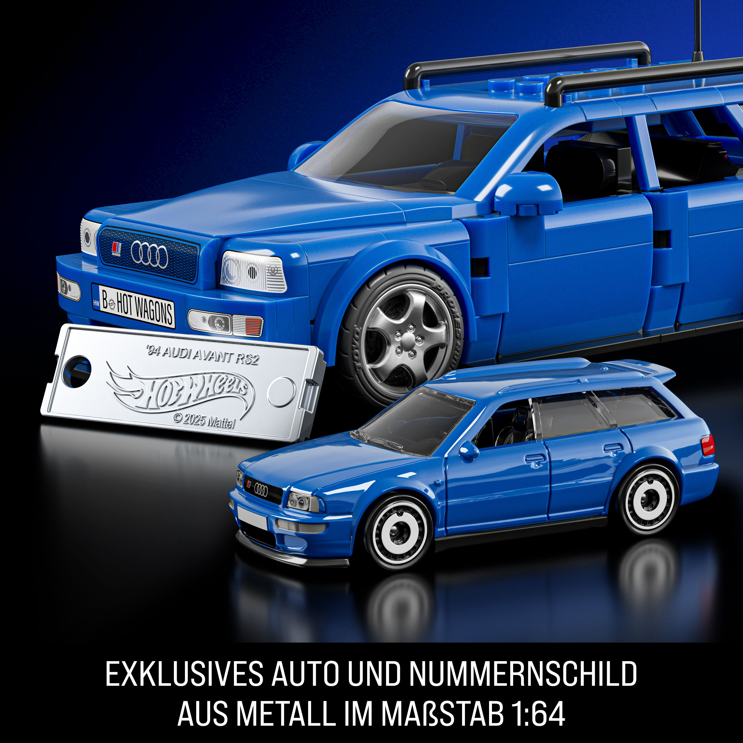 Blaues Spielzeug Audi Avant RS2 Auto mit Kennzeichen und Hot Wheels Logo auf dunkelblauem Hintergrund.