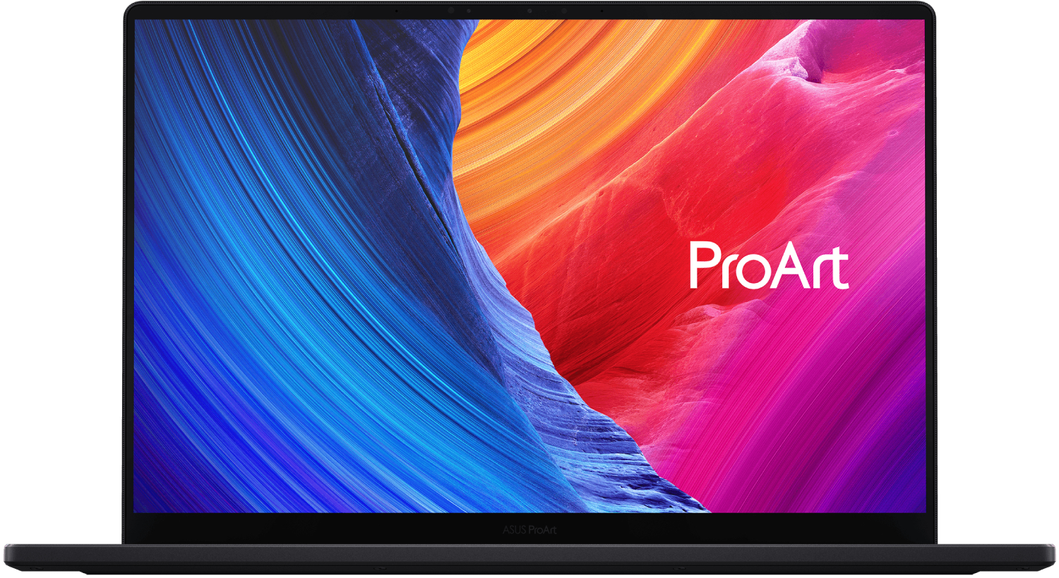 Un portátil negro con una pantalla colorida que muestra 'ProArt'. El fondo tiene un diseño abstracto azul, rojo y morado. ASUS ProArt en la parte inferior.