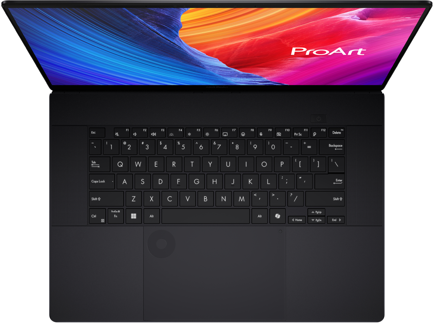 Un portátil negro con la pantalla abierta muestra una imagen colorida. El teclado es visible con teclas y un panel táctil debajo.