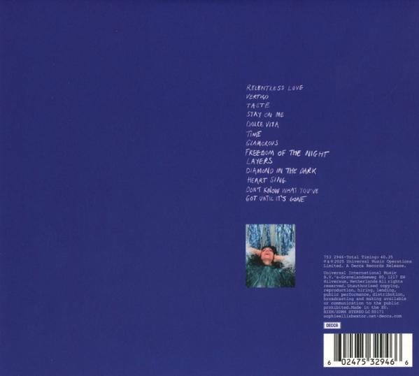 Albumcover mit Songtiteln und einem kleinen Foto einer liegenden Person. Text ist weiß auf blauem Hintergrund.