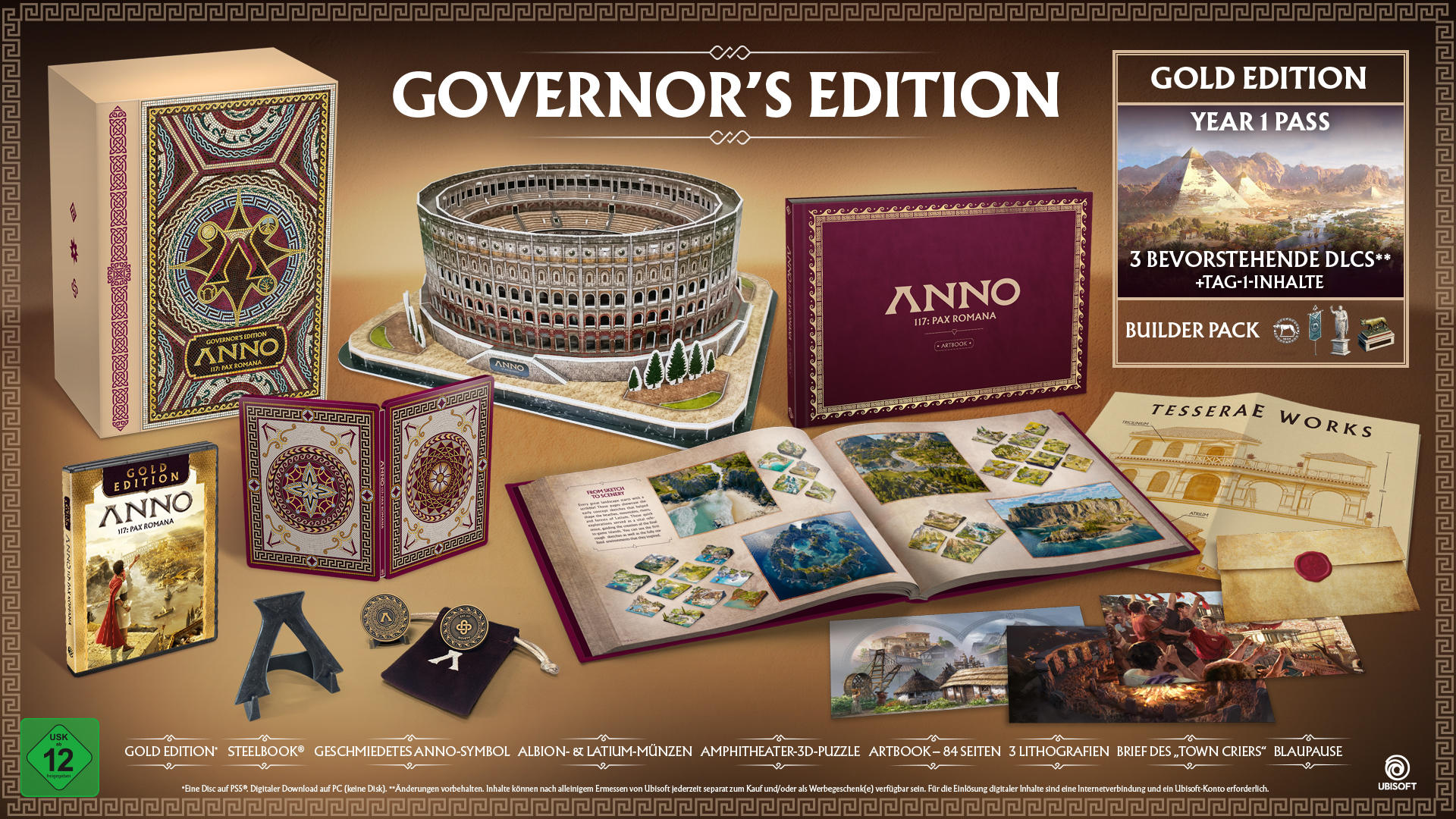 Zestaw pudełkowy dla Anno 117: Pax Romana Governor's Edition. Zawiera grę, puzzle 3D, artbook, monety i inne.
