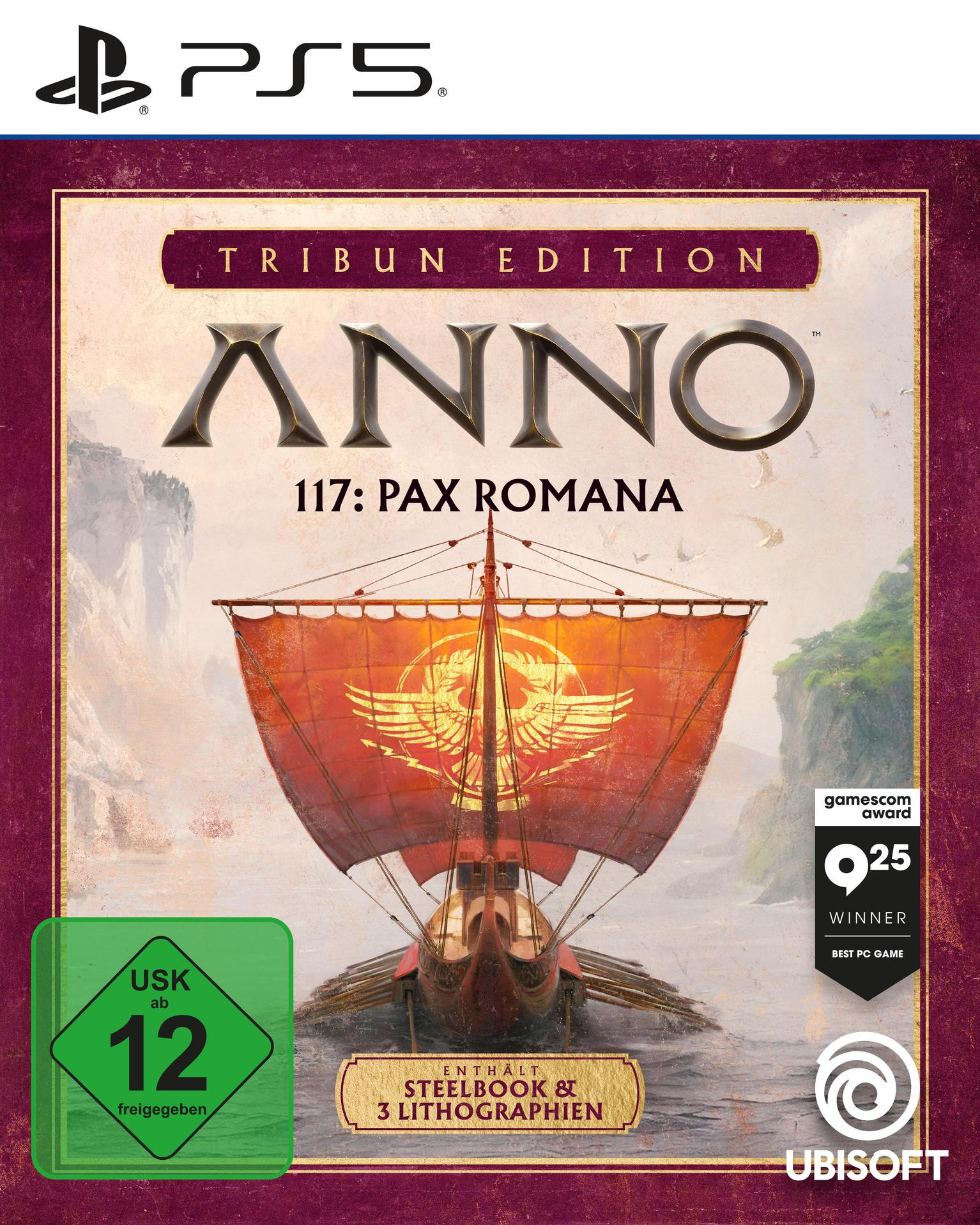 Spielcover für Anno 117 Pax Romana, mit einem römischen Kriegsschiff mit rotem Segel und dem PS5-Logo oben.