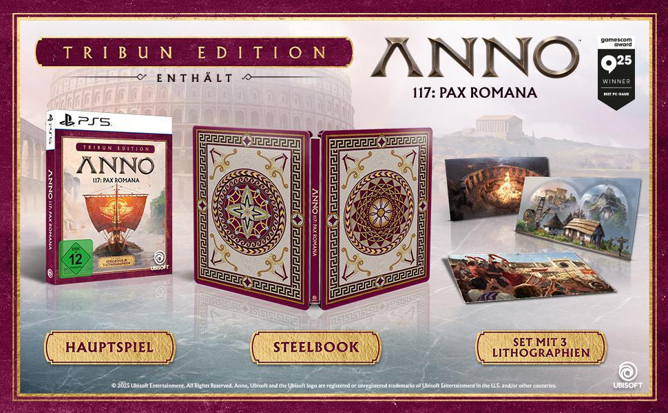 Anno 117: Pax Romana Tribus Edition Spielbox, Steelbook und Lithographien werden angezeigt. Die Box zeigt ein Schiff, eine Bewertung von 12 und ein PS5-Logo.