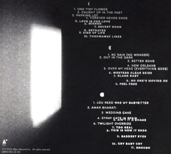 Schwarz-weißes Albumcover mit Songtiteln. Ein helles weißes Rechteck kontrastiert den dunklen Hintergrund.