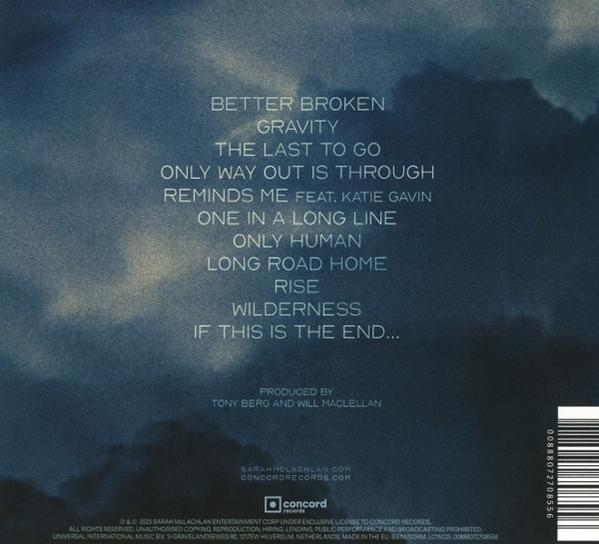 Rückseite des Albums mit Titelliste, Künstlername und Produktionsgutschriften auf blauem Wolkenhintergrund.
