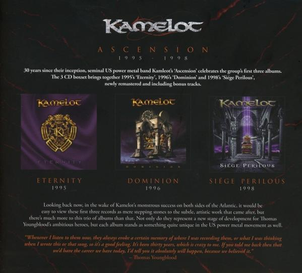 Albumcover mit dem Bandnamen Kamelot. Drei Albumcover Eternity, Dominion und Siege Perilous sind sichtbar.