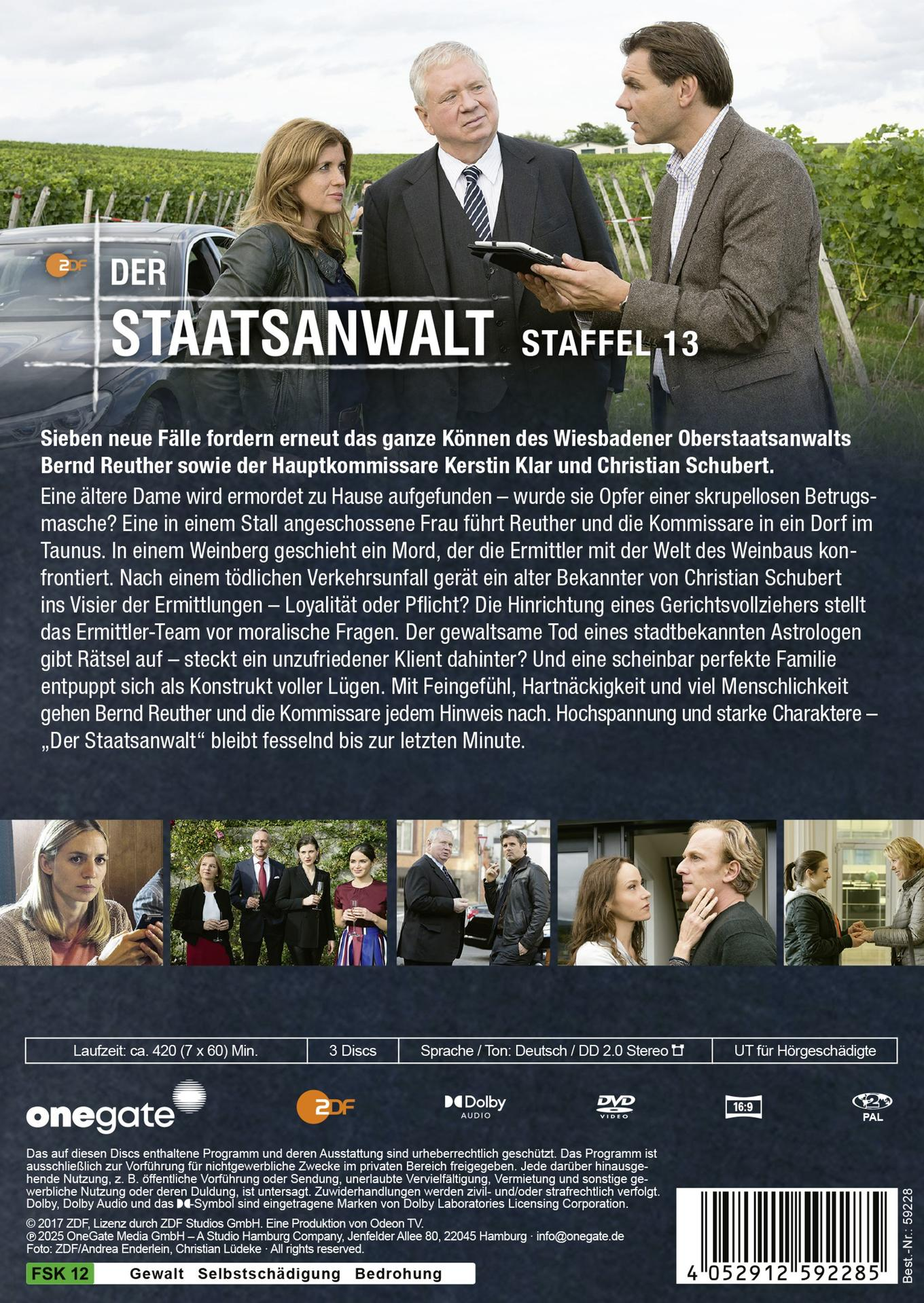 Cover von 'Der Staatsanwalt' Staffel 13 DVD. Drei Personen in Anzügen. Text beschreibt die Handlung und Episoden.