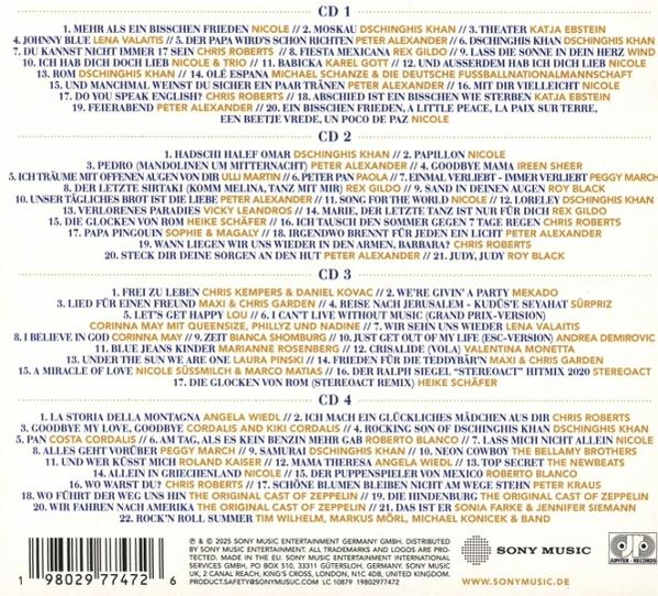 CD-Cover mit verschiedenen Songtiteln und Künstlernamen, die in schwarzer Schrift auf weißem Hintergrund gedruckt sind.