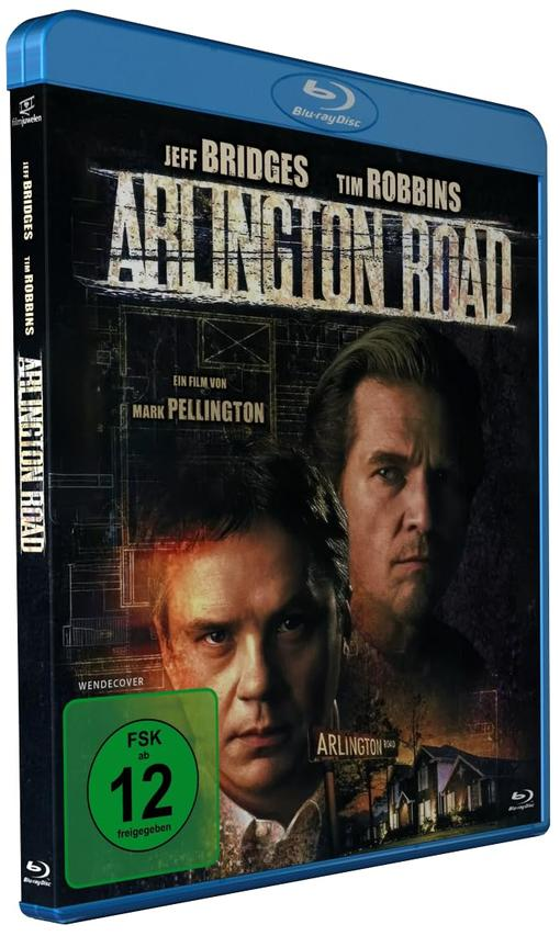 Blu-ray-Cover für 'Arlington Road'. Mit Jeff Bridges und Tim Robbins. Grüne FSK-Einstufung. Dunkler Hintergrund mit Straßenschild.