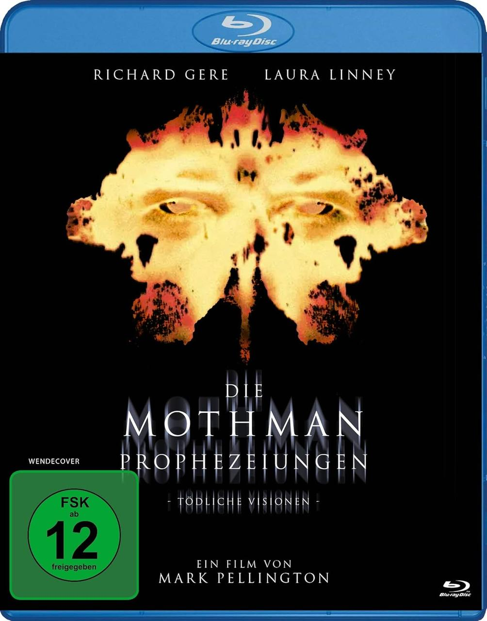 Blu-ray-Disc-Cover für "The Mothman Prophecies". Mit Richard Gere und Laura Linney. Dunkler Hintergrund mit einem Gesichtsimage.