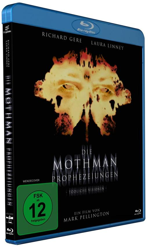 Blu-ray-Cover von 'Die Mothman Prophezeiungen'. Zeigt ein mottenartiges Gesicht, Richard Gere und Laura Linney. Deutscher Titel.